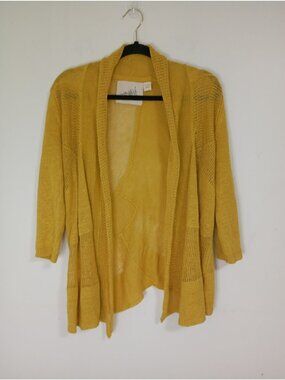 Angel Of The North Yellow Open-Front Lightweight Knit Cardigan Size L 100% Linen